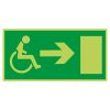 Utrymningsskylt efterlysande handikapp rullstol och pil höger
