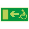 Utrymningsskylt efterlysande handikapp rullstol och pil vänster
